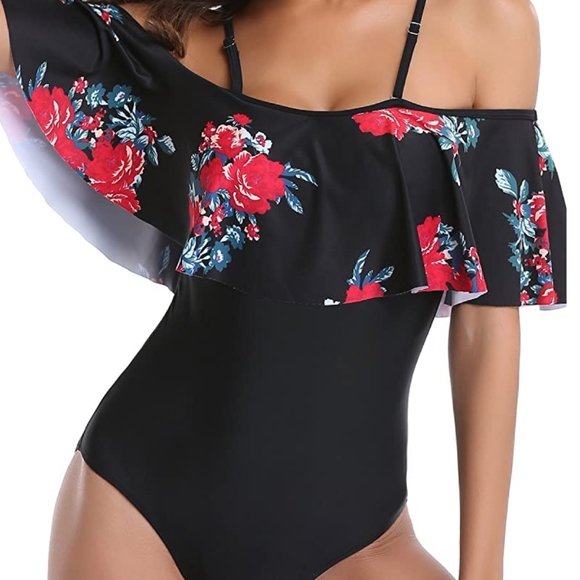 Black floral one piece off shoulder swimsuit - Picture 3 of 6